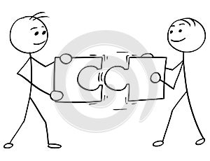 Vector Stick Man Cartoon of Two Men Holding a Large Jigsaw