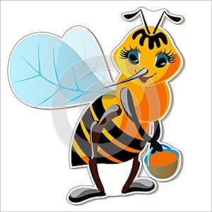 Vector sticker cartoon bee character with a bucket of honey. A joyful image of a bee is a print for any children`s clothing,