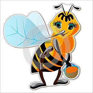 Vector sticker cartoon bee character with a bucket of honey. A joyful image of a bee is a print for any children`s clothing, photo