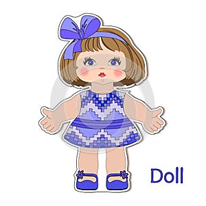 Vector sticker cartoon little cute doll girls child in a summer dress for preschool and primary school children, zine greeting