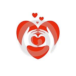 Vector sticker with two human hands making love sign inside heart shape