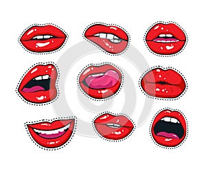 Vector stickers kit of female lips. Woman mouth with a kiss, smile, tongue and teeth isolated on background.