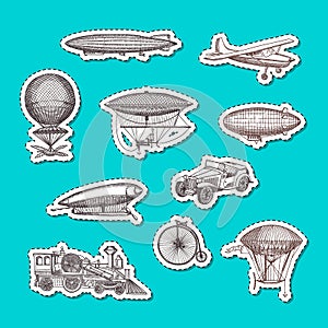 Vector stickers set dirigibles, bicycles and cars