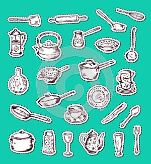 Vector stickers set with hand drawn kitchen utensils