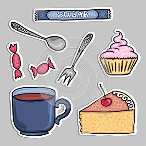 Vector stickers set - tea and pastries