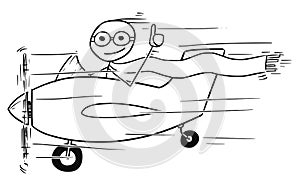 Vector Stickman Cartoon of Smiling Man Flying Small Aircraft