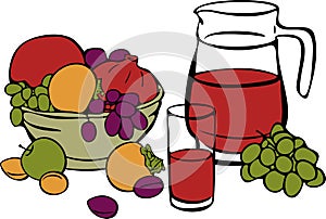 Vector still life illustration of ripe fruits in bowl and fruite juice in jar.
