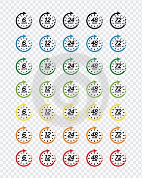 Vector Stock Design: Clock Arrow Symbols for 6, 12, 24, 48, 72 Hours - Ideal for Work Time, Delivery, and Service