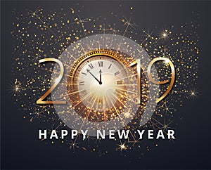 Vector stock Gold 2019 Christmas or New Year celebration premium luxury dark background with clock midnight and gold