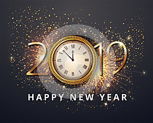 Vector stock Gold 2019 Christmas or New Year celebration premium luxury dark background with clock midnight and gold