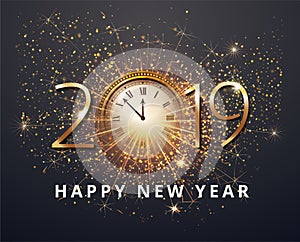 Vector stock Gold 2019 Christmas or New Year celebration premium luxury dark background with clock midnight and gold glittering