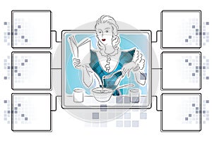 Vector stock illustration. Girl is preparing. Template for infographics with dies for ingredients