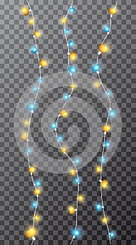 Vector stock illustration with realistic 3d shining blue, gold lamp lights effect. Set glowing illuminated garlands on transparent