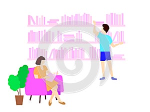 Vector stock illustration.Woman reading in a chair in the library. Man chooses a book. Flat design