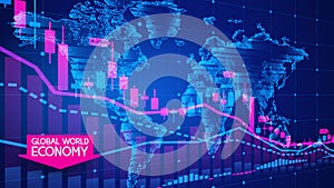 Vector. Stock markets and financial investments. The global economic crisis. Forex charts with candles. Blue background with a map