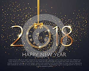 Vector stock numbers Happy New Year 2018 with shiny New Year Clock in gold disco circle frame on black background