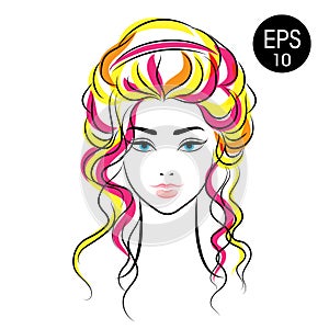 Vector Stock Woman Face. Beauty Girl Portrait with Colorful hair