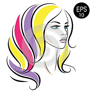 Vector Stock Woman Face. Beauty Girl Portrait with Colorful hair