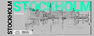 Vector Stockholm postcard. Panorama of Stockholm, Sweden, Europe. Gamla Stan (Old town) travel sketch drawing on grey