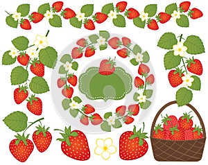 Vector Strawberries Set Included Basket, Wreath, Frame and Flowers. Vector Strawberry. photo