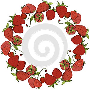 Vector Strawberry fresh fruit healthy food. Red and green engraved ink art. Frame border ornament square.