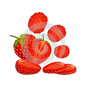 Vector strawberry. Whole, sliced, half of a strawberry isolated on white background
