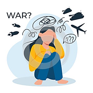 Vector of a stressed anxious woman from a war zone