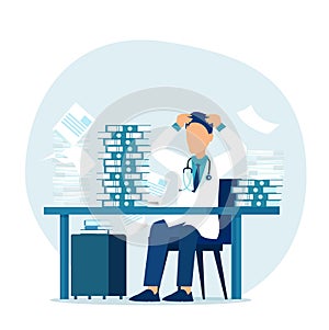 Vector of a stressed overworked doctor sitting at a desk in his office photo
