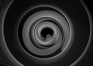 Vector striped spiral abstract tunnel dark background. Spiral funnel. Gray twisted ray black hole. Exciting gently spiraling