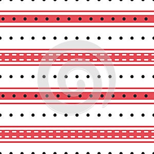 Vector stripes and polka dot seamless pattern background. Modern red black white backdrop with shirting horizontal