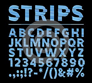 Vector of stripy bold font and alphabet. Shift effect type letters and numbers on a dark background. Vector typeface for your