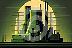 vector style drawing of a nuclear power plant with reactors and a glowing green core surrounded by high concrete walls