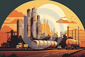 vector style graphic of a busy chemical refinery with a fleet of tanker trucks waiting to transport chemical products