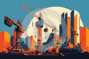 vector style Graphic of a Construction Site with Multiple Cranes Against a Blue Sky