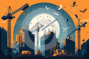 vector style Graphic of a Construction Site with Multiple Cranes Against a Blue Sky
