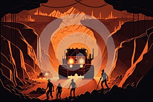 vector style illustration of a mining operation in an underground tunnel with workers and heavy equipment