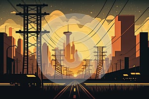 vector style illustration of a power plant with electricity lines in a bustling metropolis with skyscrapers and traffic