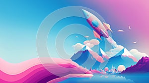 Vector Style Illustration of a Rocket Launching from Majestic Mountains in front of a Lake 2