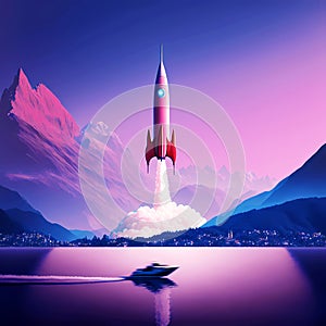 Vector Style Illustration of a Rocket Launching from Majestic Mountains in front of a Lake 2