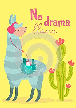 Vector stylish cartoon lama with cactus. No drama llama poster.