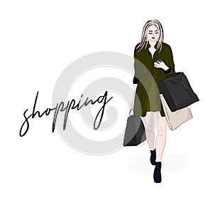 Vector stylish woman going on shopping. Girl with shopper bags in hands reading sms. Modern outfit. Weekend sale fashion beauty i