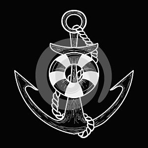 Vector stylized anchor with life buoy. Linear Art. Tattoo.