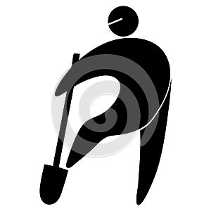 Vector stylized black silhouette of a man with a shovel, isolated on a white background. Icon, symbol, logo, pictogram. The