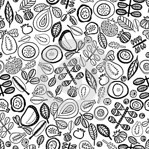 Vector stylized black and white leaves, pears and grenadines seamless pattern background.