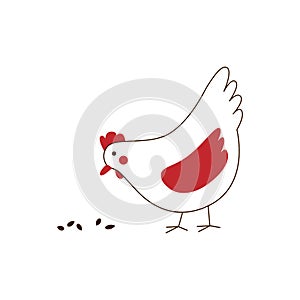 Vector stylized illustration - chicken pecking grain isolated on white background
