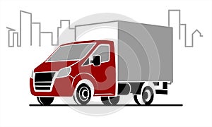 Vector Stylized Lorry On The Background Of The City, The Contour Of The Buildings, The Line Of The Urban Landscape, Three Quarters