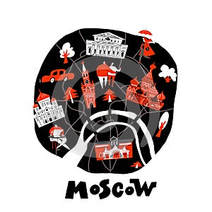 Vector stylized map of Moscow with main attractions