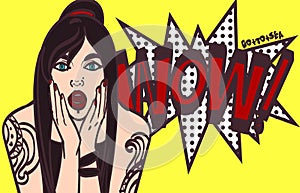 Vector subculture pop art surprised woman face with open mouth. Comic gothic, punk girl with speech bubble. Eps 10