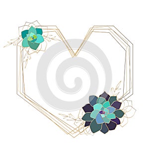 Vector succulent geometric frame,template, heart. Gold colored elements