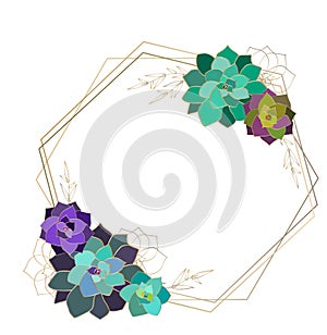 Vector succulent geometric frame,template, polygon. Gold colored elements